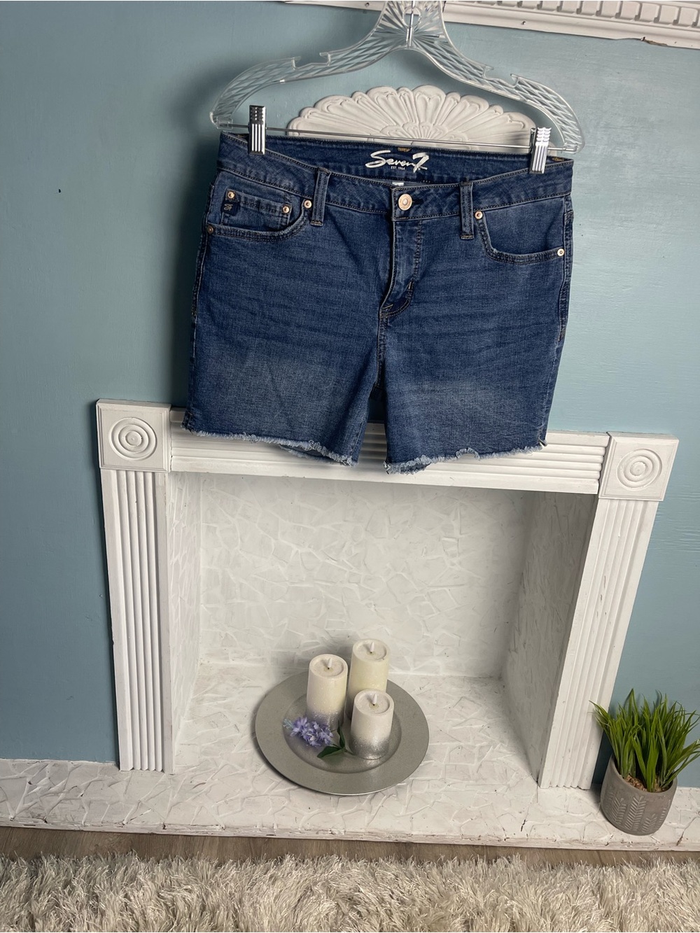 Seven7 Medium Blue Denim Longer Cut Frayed Hem Cutoff Shorts